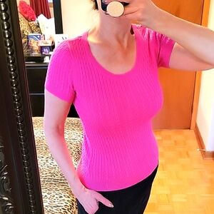 NWOT Lauren Ralph Lauren Pink Cable-Knit Ribbed Round Neck Short Sleeve Tee, XS